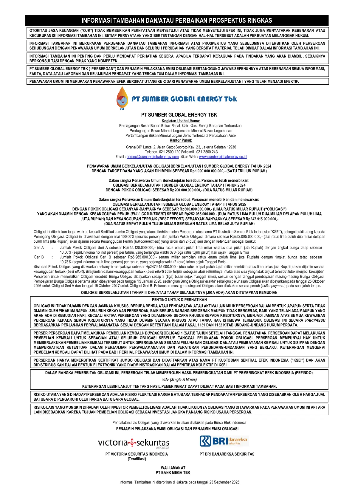 Informasi Tambahan - PUB I Obligasi Sumber Global Energy Tahap II Tahun 2025
